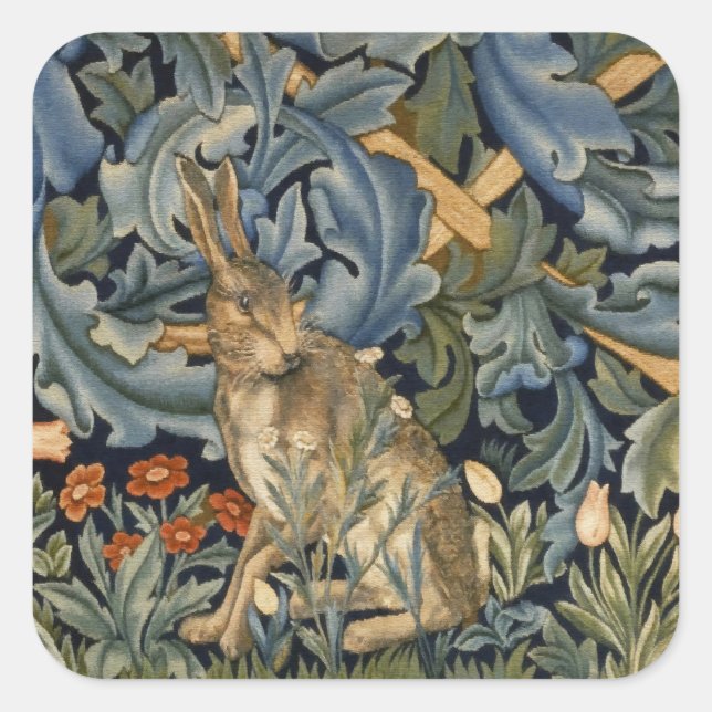 Adesivo Quadrado William Morris Forest Rabbit Floral Art Nouveau (Frente)