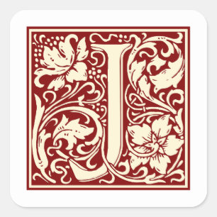 Adesivo Quadrado William Morris - Letra J Monograma Vermelho Inicia