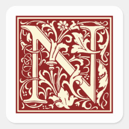 Adesivo Quadrado William Morris - Letra N Monograma Vermelho Inicia