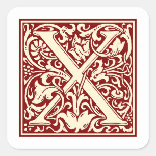 Adesivo Quadrado William Morris - Letra X Monograma Vermelho Inicia