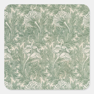 Adesivo Quadrado William Morris Verde Sage Padrão de Tulipa: Vintag