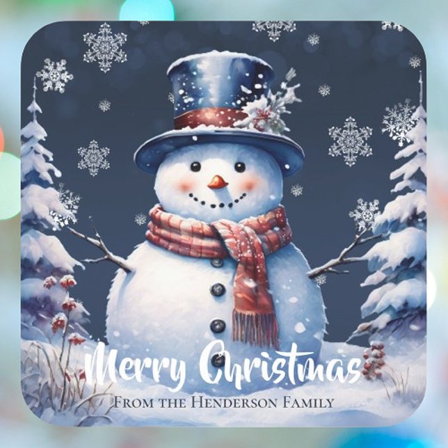 Adesivo Quadrado Winter Forest Snowman Feliz Natal (Winter Forest Snowman Merry Christmas Sticker)