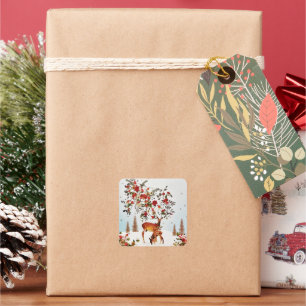 Adesivo Quadrado Winter Love Bird Christmas Tree Watercolor