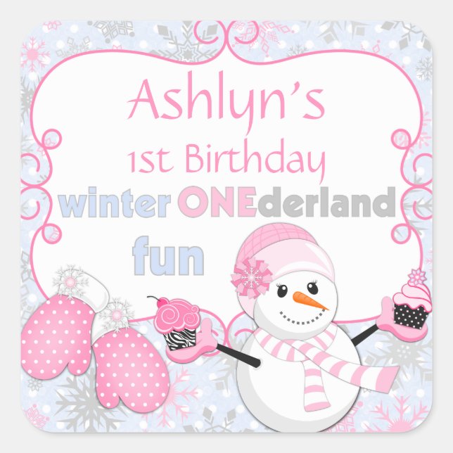 Adesivo Quadrado Winter One derland First Birthday Snowman Mittens (Frente)