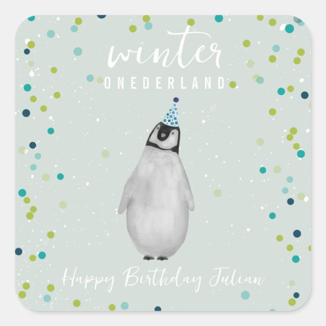 Adesivo Quadrado Winter Onederland Blue Birthday Penguin Confetti (Frente)