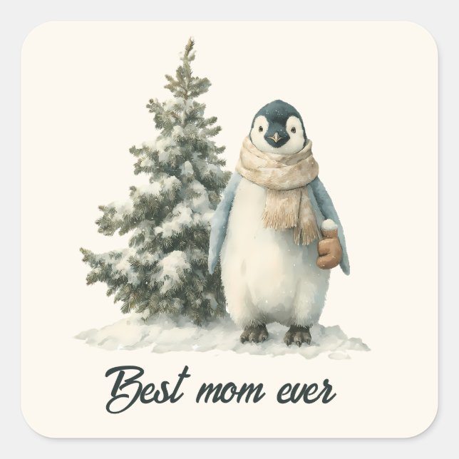 Adesivo Quadrado Winter Penguin “Best Mom Ever” Design (Frente)