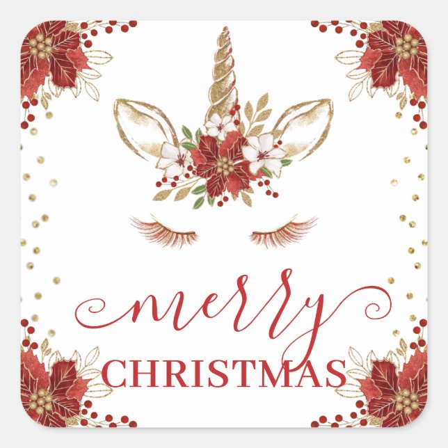Adesivo Quadrado Winter Poinsettia Unicorn Merry Christmas (Frente)