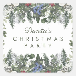 Adesivo Quadrado Winter Snow Berries Pine Christmas Personalizado