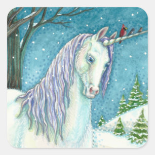 ADESIVO QUADRADO WINTER UNICORN E AVES, PAISAGEM DE NEVE PACÍFICA