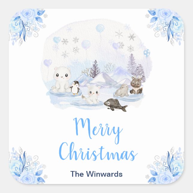 Adesivo Quadrado Winter Wonderland Arctic Animals Merry Christmas (Frente)