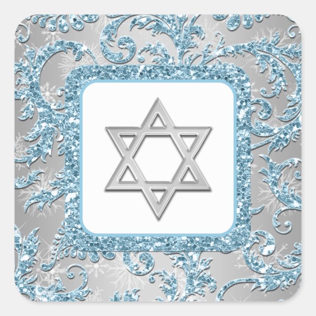 Adesivo Quadrado Winter Wonderland Damask Bat Mitzvah Sticker 6 (Frente)