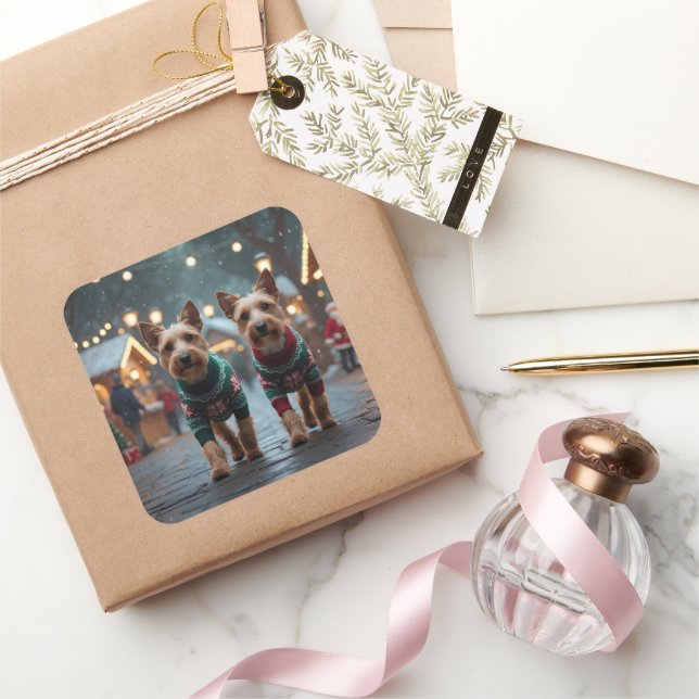 Adesivo Quadrado Wire Fox Terrier Dogs Christmas Snow Holiday (Presentear)