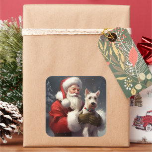 Adesivo Quadrado Wire Fox Terrier Papai Noel Natal Festivo