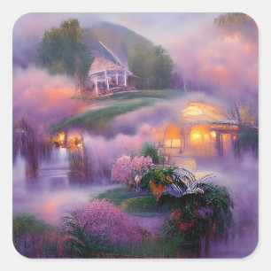 Adesivo Quadrado Wisteria cottage brilha ao pôr do sol pelo lago