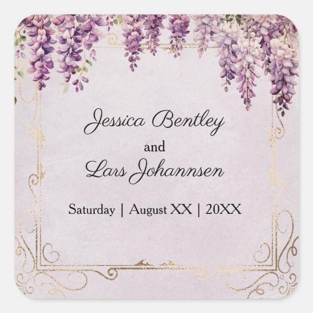 Adesivo Quadrado Wisteria de Aquarela no Casamento de Lavandas (Frente)
