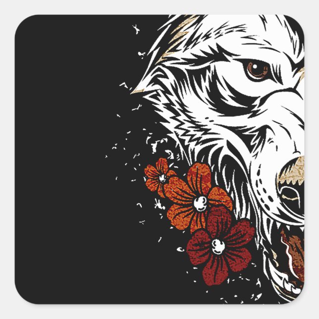 Adesivo Quadrado Wolf Flower Tatoo Vintage (Frente)