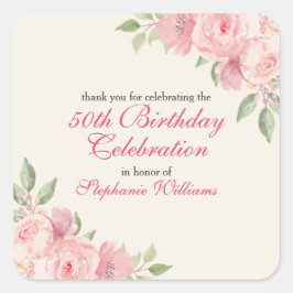 Adesivo Quadrado Women's Floral Elegant Rose 50th Birthday Party