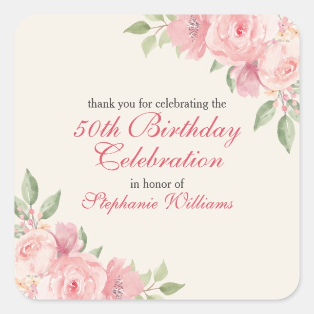 Adesivo Quadrado Women's Floral Elegant Rose 50th Birthday Party (Frente)