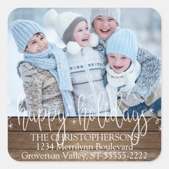 Adesivo Quadrado Wood Script HAPPY HOLIDAYS Photo Return Address (Frente)