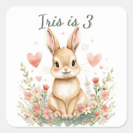 Adesivo Quadrado Woodland Animal Cute Bunny Pastel Pink Hearts