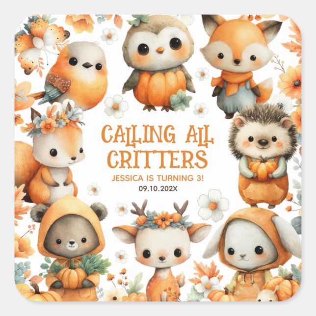 Adesivo Quadrado Woodland Animals Watercolor Autumn Kids Birthday (Frente)