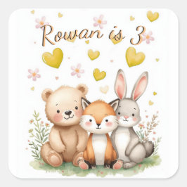 Adesivo Quadrado Woodland Bear Fox Bunny Yellow Hearts Neutral