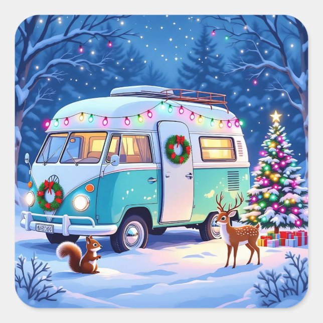 Adesivo Quadrado Woodland Creatures and Retro RV Camper (Frente)