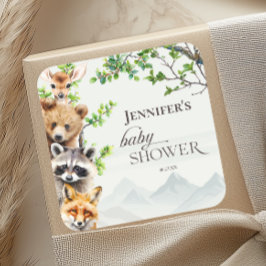 Adesivo Quadrado Woodland Forest Animals Baby Shower Favor
