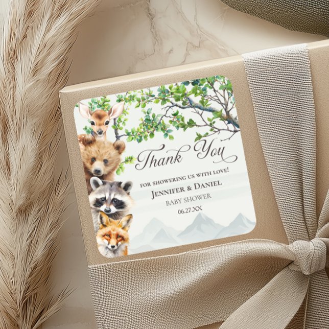 Adesivo Quadrado Woodland Wildlife Baby Shower Thank You Favor (Criador carregado)