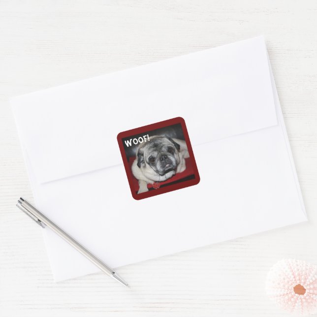 Adesivo Quadrado Woof, Pug Sticker (Envelope)