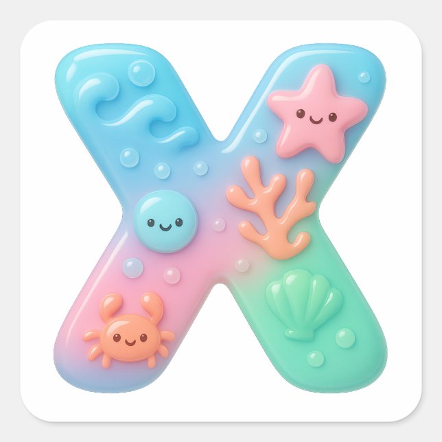 Adesivo Quadrado "X" Cute Letter - Underwater Sea Creature  (Frente)