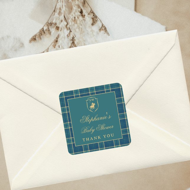 Adesivo Quadrado Xadrez Clássica Chá de fraldas Equestre Verde Polo (Criador carregado)