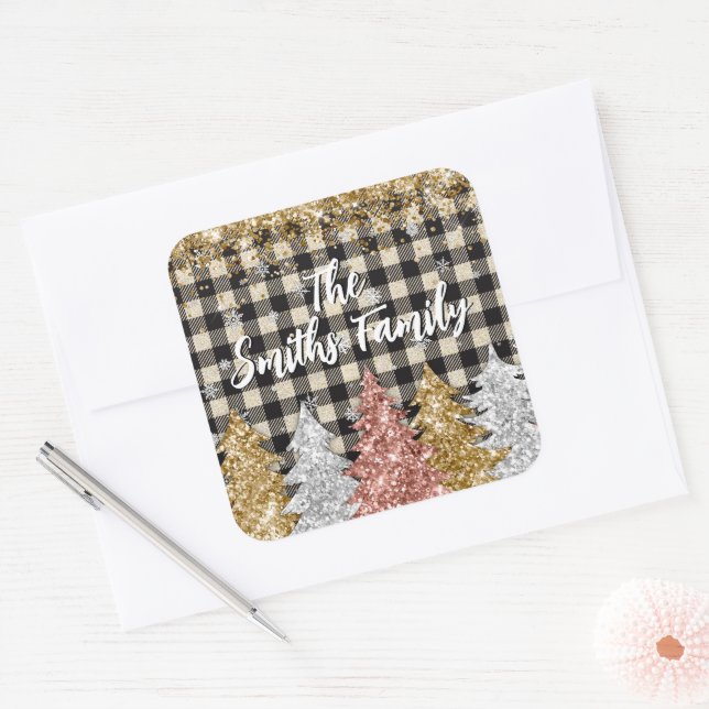 Adesivo Quadrado Xadrez De Natal E Nome Da Família Glitter (Envelope)