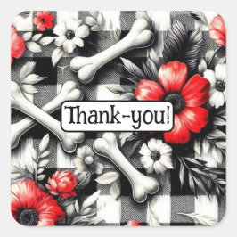 Adesivo Quadrado Xadrez Gingham Obrigado Preto Vermelho Branco Flor