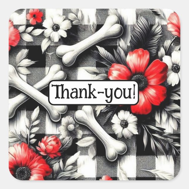 Adesivo Quadrado Xadrez Gingham Obrigado Preto Vermelho Branco Flor (Frente)