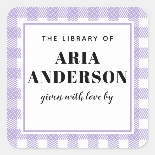 Adesivo Quadrado Xadrez Lilac Gingham Placa de Livro de Bebês (Frente)