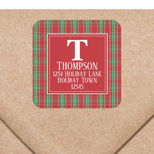 Adesivo Quadrado Xadrez Rústica Feriada em Monograma Endereço de De (Christmas red and green plaid return address label with monogram and name. )