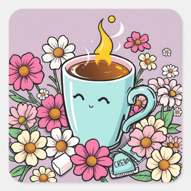 Adesivo Quadrado Xícara de café quente e flores (Frente)