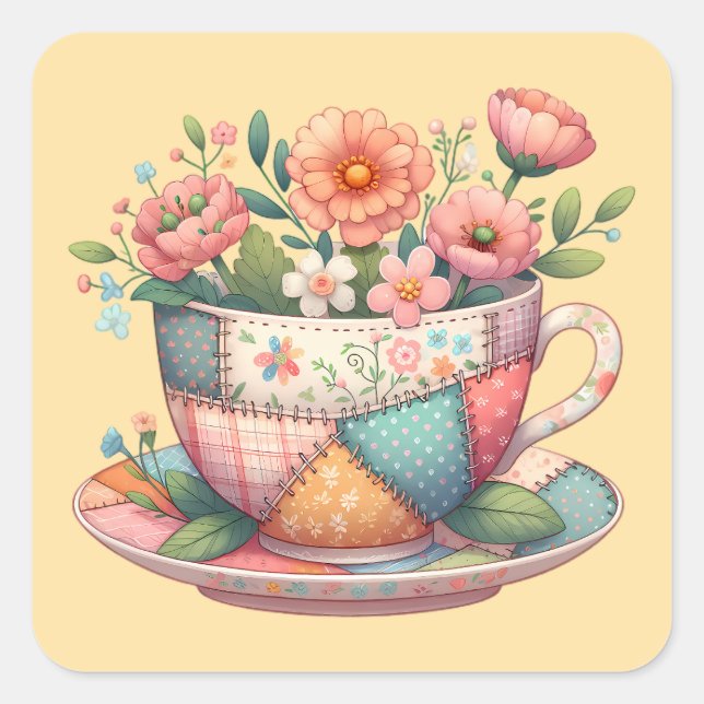 Adesivo Quadrado Xícara de Chá em Patchwork com Flores Caprichosas (Frente)