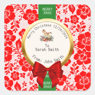 Adesivo Quadrado XMAS Red LACE Editable Gift Bag