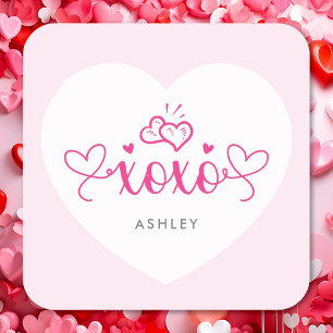 Adesivo Quadrado XOXO Elegante Script Corações Rosa Dia dos Namorad