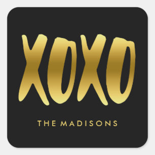 Adesivo Quadrado XOXO Hugs e Kisses Faux Tipografia Dourada Preta