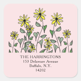 Adesivo Quadrado Yellow Wildflower Art Pink Floral Return Address