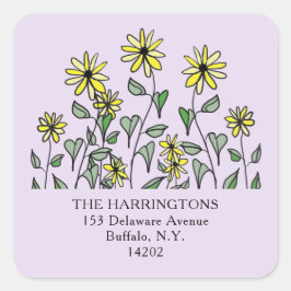 Adesivo Quadrado Yellow Wildflowers Lavender Floral Address Label