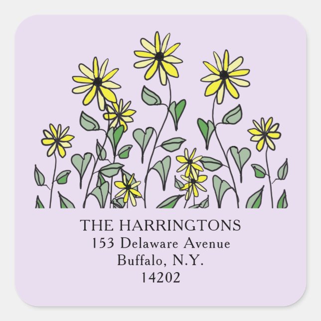 Adesivo Quadrado Yellow Wildflowers Lavender Floral Address Label (Frente)