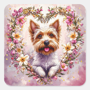 Adesivo Quadrado Yorkie Adorável Rodeado por Grinalda Floral
