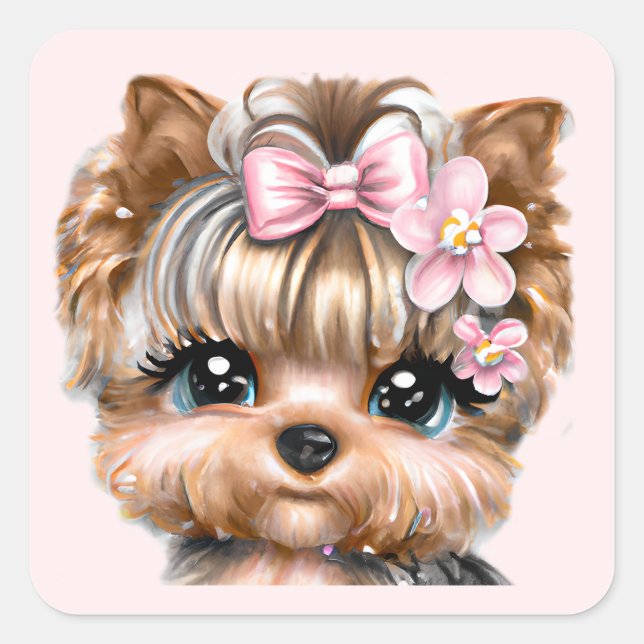 Adesivo Quadrado Yorkie bonito com um Arco rosa (Frente)
