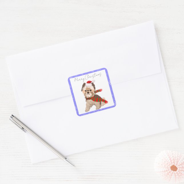 Adesivo Quadrado Yorkie De Natal Adorável Em Santa Hat (Envelope)