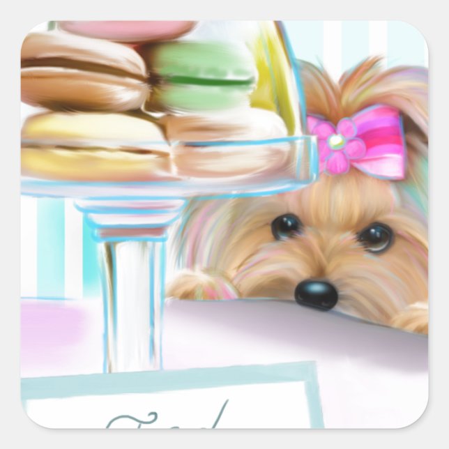 Adesivo Quadrado Yorkie French Macarons (Frente)