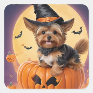 Adesivo Quadrado Yorkshire terrier abóbora de halloween